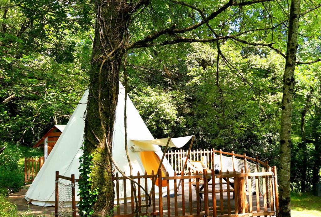 ein Zelt im Wald neben einem Zaun in der Unterkunft Le tipi à Marie, déconnectez- vous !!! in Cambounès