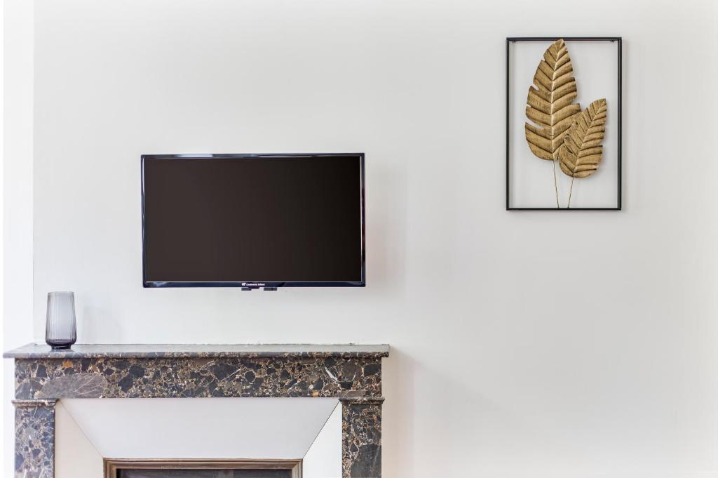 a flat screen tv sitting on top of a fireplace at Gambetta 304 CahorsCityStay in Cahors