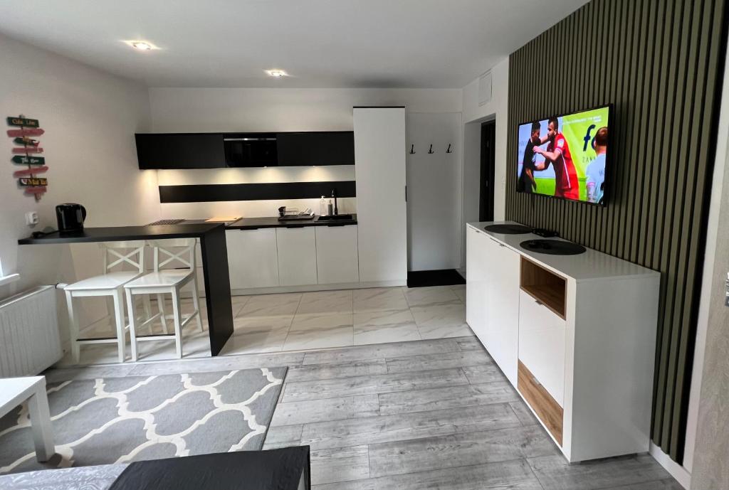 a kitchen and living room with a tv on the wall at Apartament Stary Zdroj Polanica Resort in Polanica-Zdrój