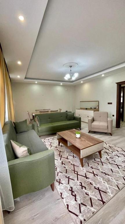 a living room with a green couch and a coffee table at KUDÜS APART in Bostancı