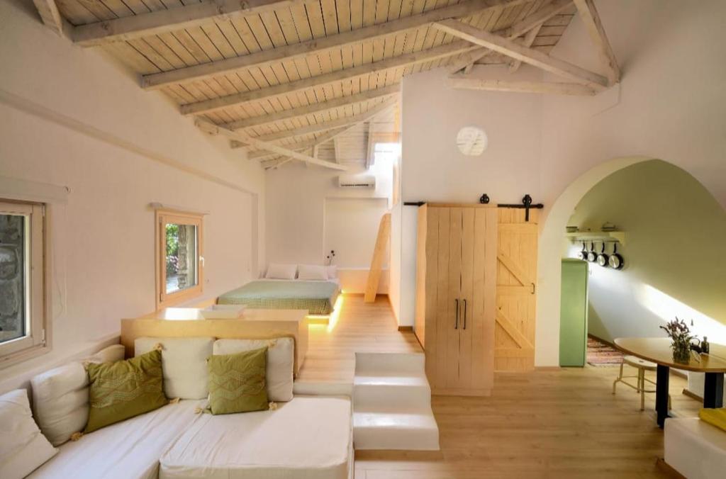 ニキティにあるKladi House renovated 2023のソファとベッドのあるリビングルーム