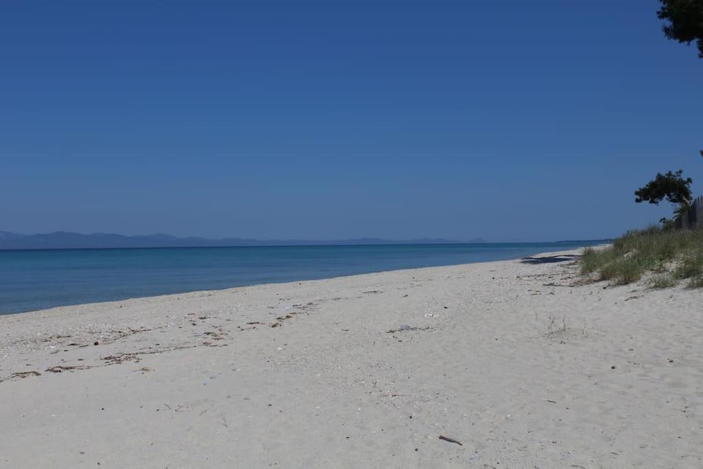 una playa de arena con el océano en el fondo en 50 metres from the beach, en Chaniotis