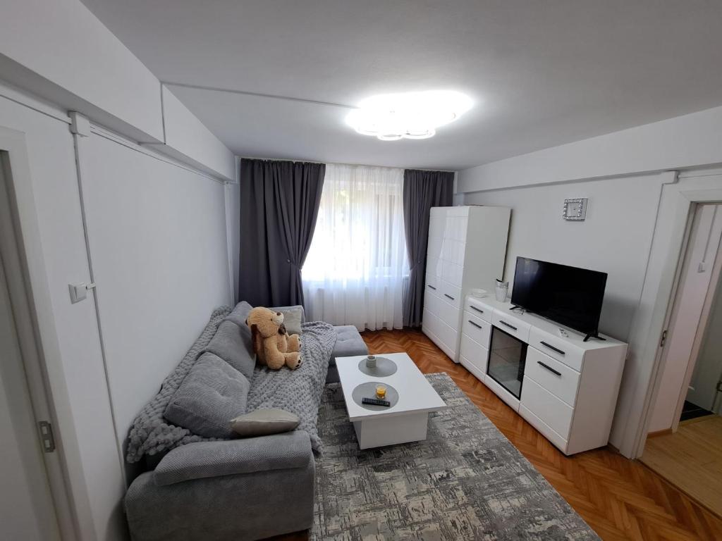 a living room with a couch and a teddy bear at Apartament 2 camere in Zalău
