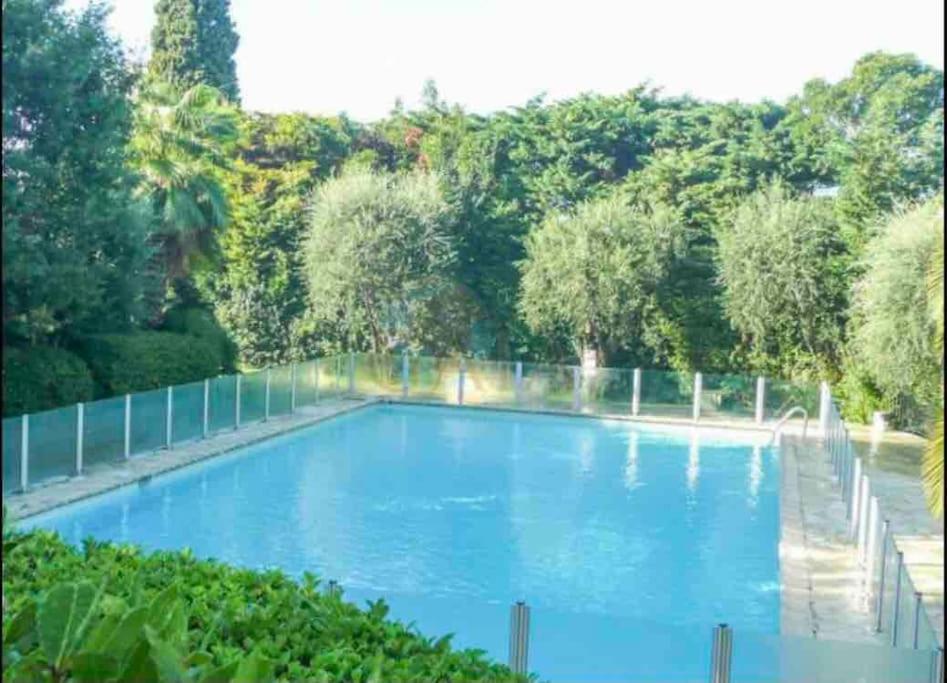 une grande piscine bleue avec des arbres en arrière-plan dans l'établissement Magnifique 2p vue panoramique piscine grande terrasse pk, à Cannes