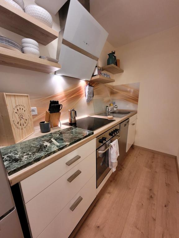 Kuchyň nebo kuchyňský kout v ubytování Ferienwohnung Riesling