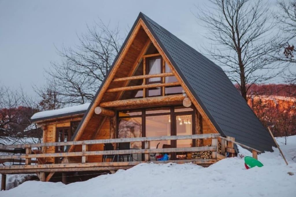 una cabaña con techo de gambrel en la nieve en Aframehouse en Şurdeşti