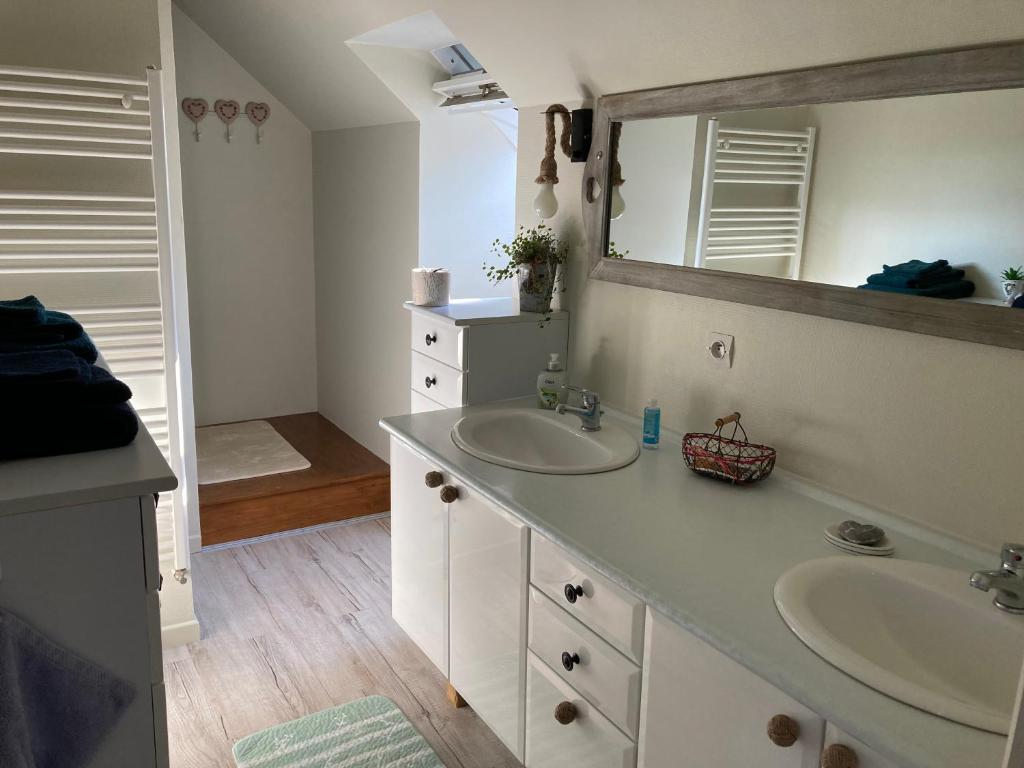 een badkamer met 2 wastafels en een spiegel bij Chambre indépendante étage in Saint-Georges-du-Bois