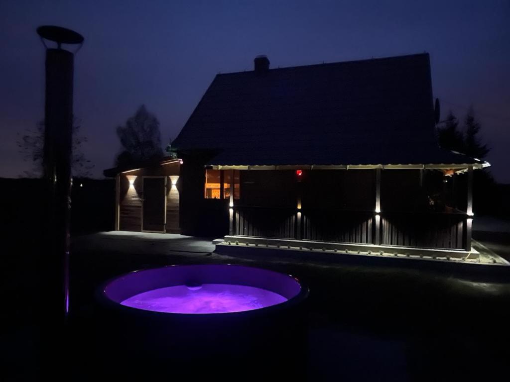 a large purple tub in front of a house at night at Chatka Baby Agi in Cieciory