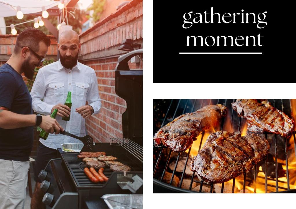 a man cooking meat on a grill with a man holding a bottle of champagne at Cozy-SJ-Family Holidays-Work-BBQ-Tea ceremony-Engagement in Subang Jaya