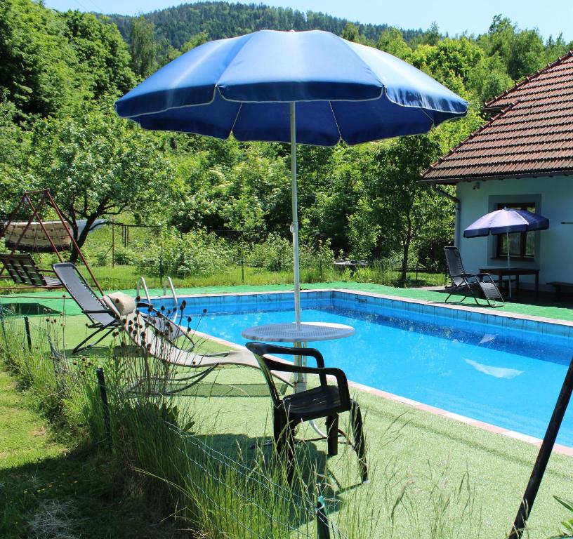 a table with an umbrella next to a swimming pool at Podelniska in Porąbka