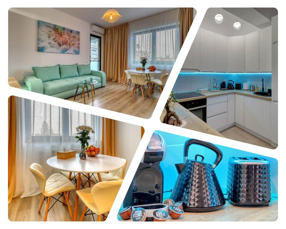 een collage van foto's van een keuken en een woonkamer bij Inspiration Station - Modern, Warm&Cosy Apt - Smart Thermostat - Private Parking - IOR Park - Long Term Price Cuts in Boekarest