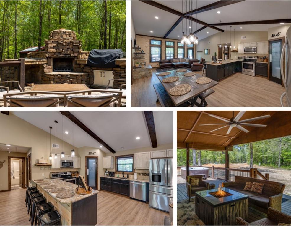 un collage de cuatro fotos de una casa en Bent Tree Cabin, on Private 12.5 Acres + Hot Tub, en Broken Bow