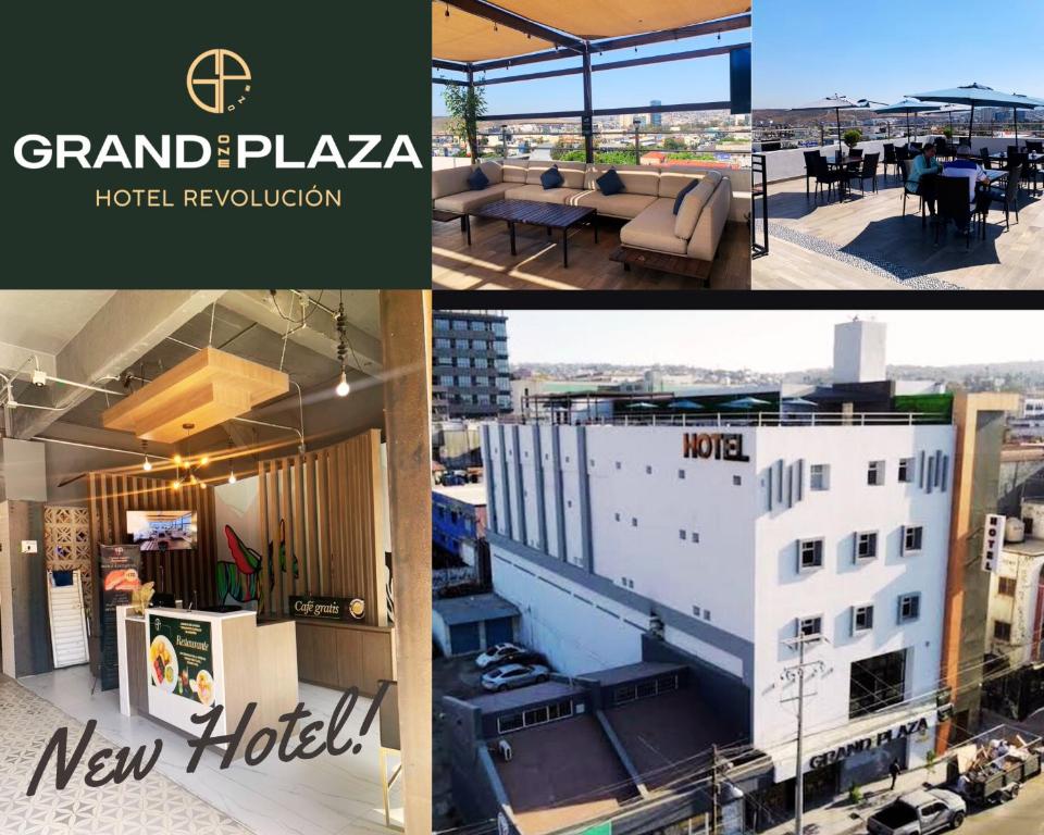 a collage of three pictures of a hotel rooftop at Hotel Grand One Plaza in Tijuana