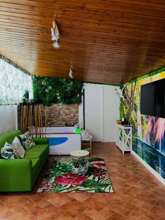 a living room with a green couch and a flat screen tv at Suite i biddizzi da Sicilia in Catania