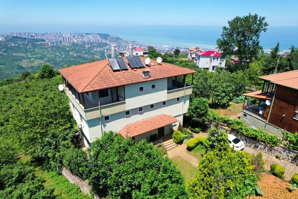 an aerial view of a house with a red roof at Heaven Twın Villa in Zafanos