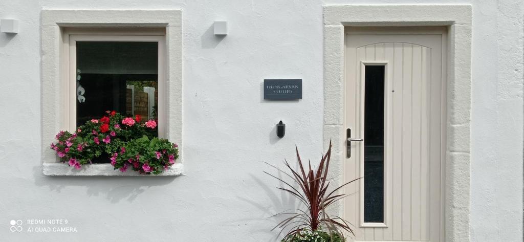 a white building with a window with flowers on it at Dungarvan Studio in Kilkenny