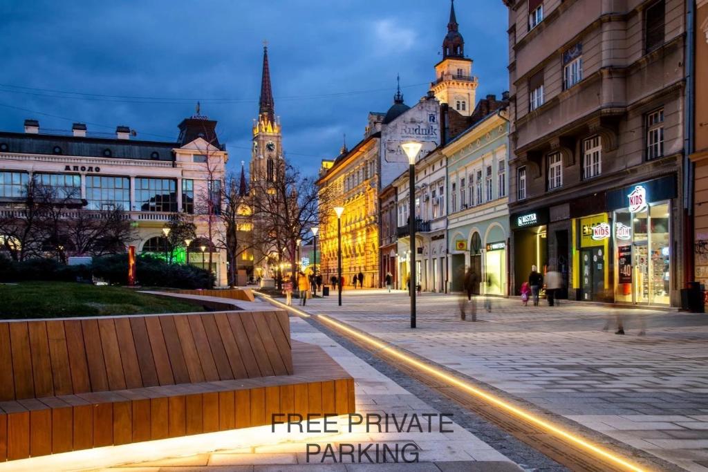 a city street at night with a clock tower at Theatre Square Apartments in Novi Sad