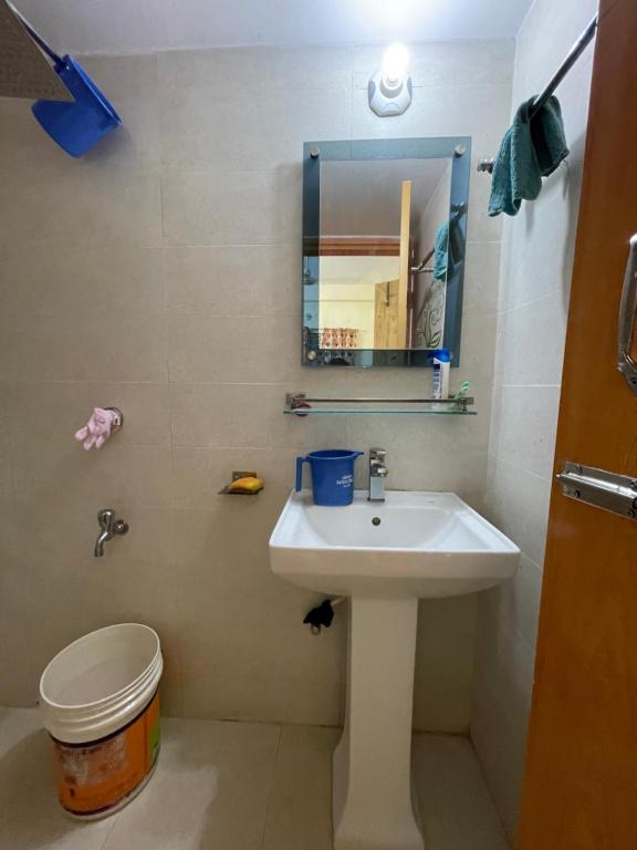 a bathroom with a sink and a toilet and a mirror at Shibgonj Bed and Breakfast in Sylhet