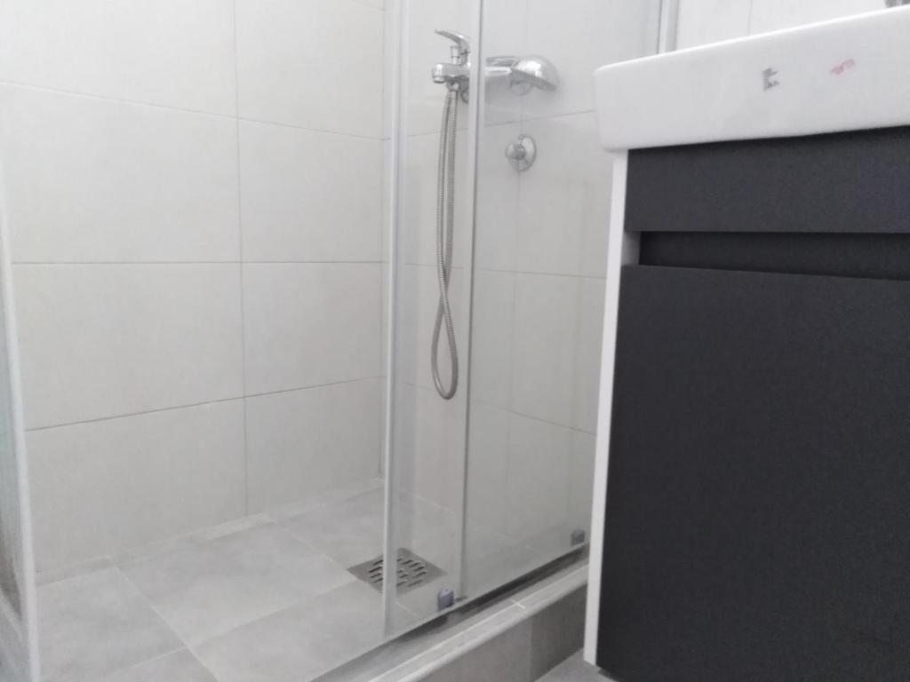 a shower with a glass door in a bathroom at Apartman REA 1 in Pirot