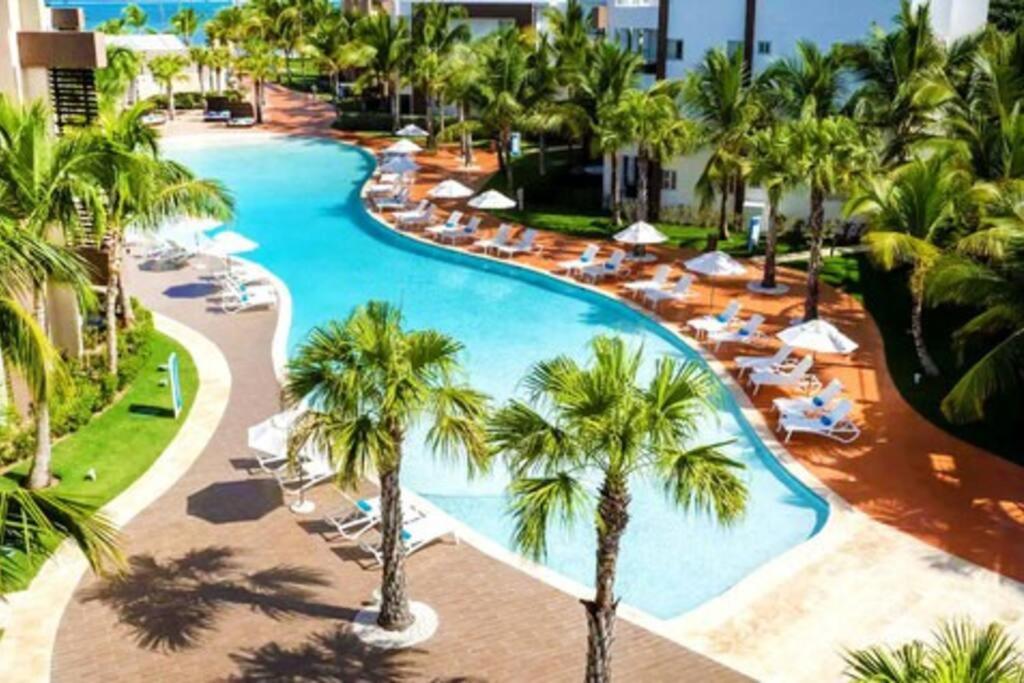 an overhead view of a pool with chairs and palm trees at Great 3 Bed 2 Bath Condo W/Jacuzzi K102 in Punta Cana