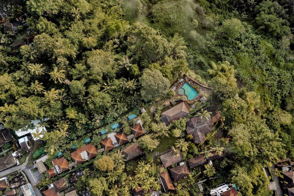 una vista aérea de un grupo de casas y árboles en Teja Lokha Ubud Villa en Ubud