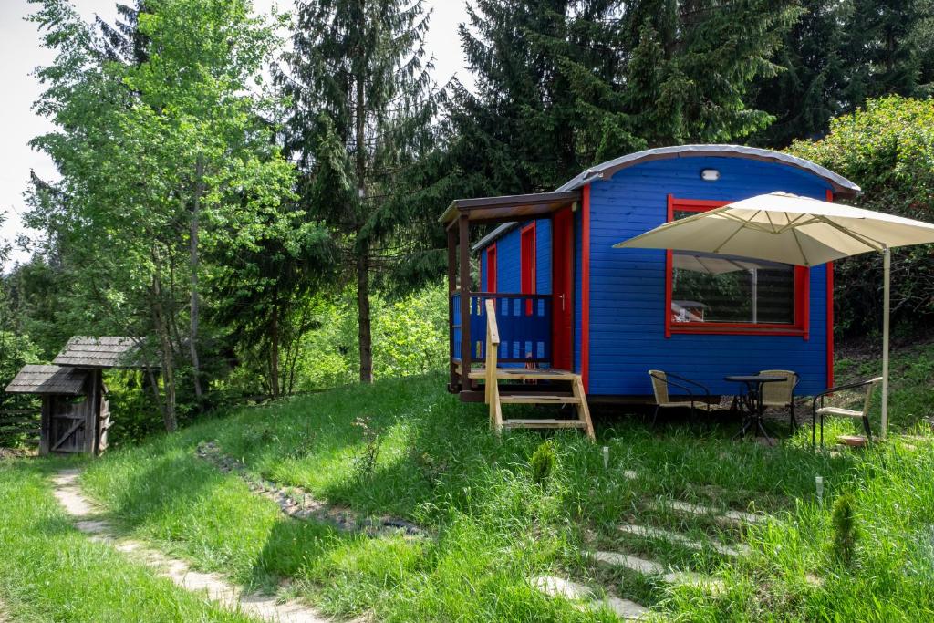 eine blaue Hütte mit einem Regenschirm, einem Tisch und einem Stuhl in der Unterkunft RED Tiny Houses in Woronetz
