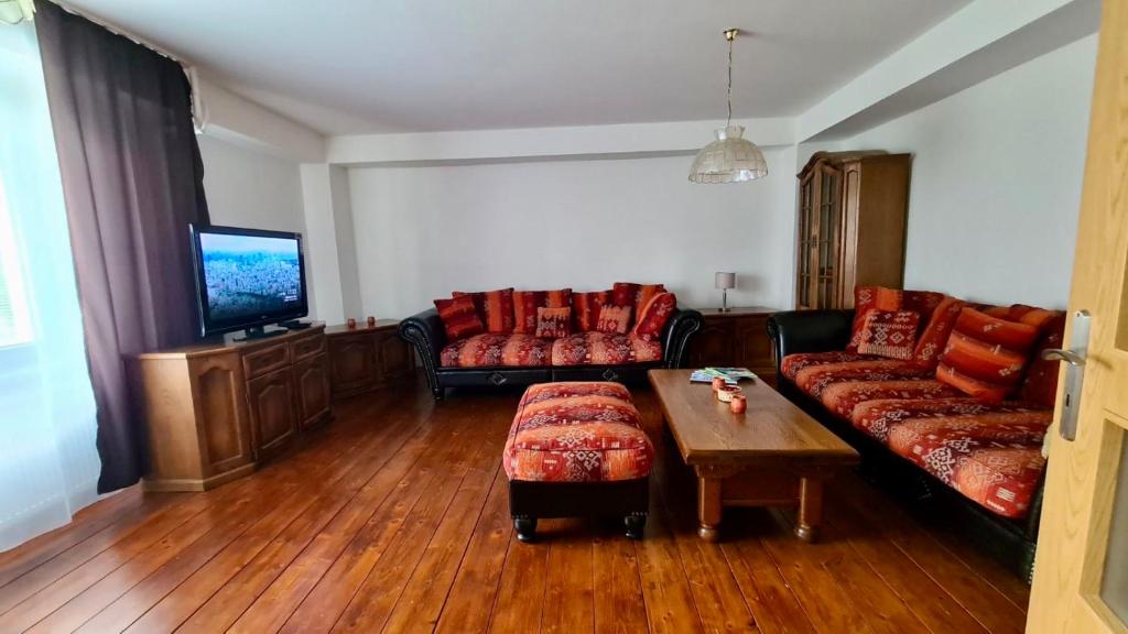 a living room with two couches and a tv at Tatry Ela Big apartment in Vysoké Tatry