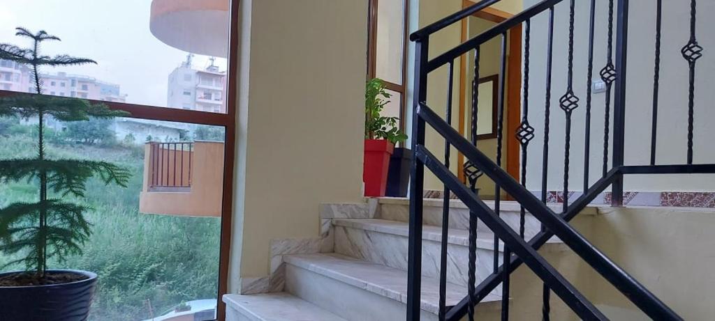 a staircase in a house with a potted plant at Rigandi in Durrës