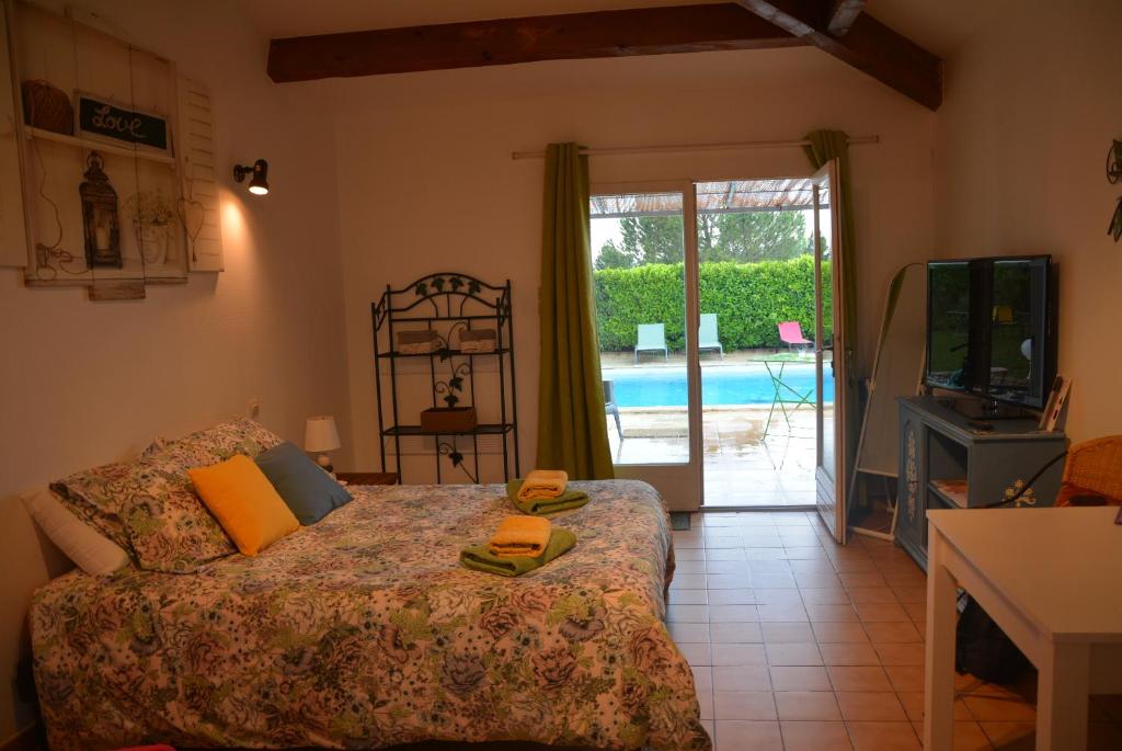 a living room with a couch and a television at Le Mas De Cocagne in Saint-Maximin-la-Sainte-Baume