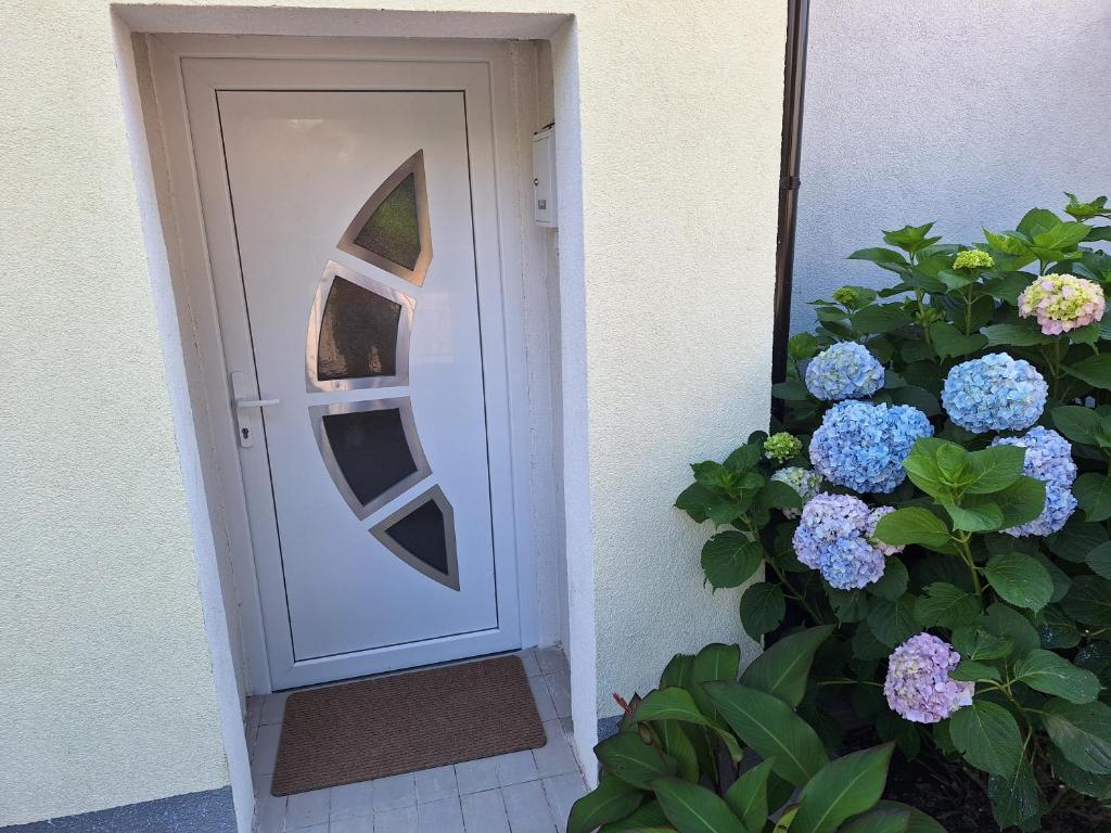 białe drzwi z oknem i kwiatami w obiekcie Apartman Anchi w mieście Zadar