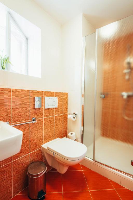 a bathroom with a toilet and a shower at Sv. Hubertus in Český Krumlov