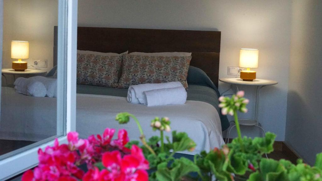 1 dormitorio con 1 cama con espejo y flores rosas en Ana Apartamento Turístico en Arróniz