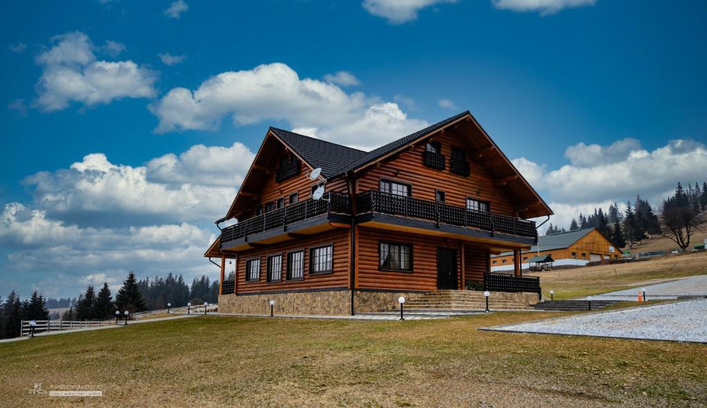 a large wooden house on a grass field at Cabana La Fermă in Vatra Dornei