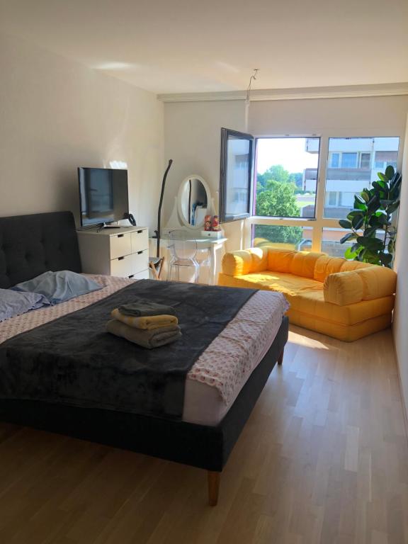a bedroom with a large bed and a couch at One bedroom 3pieces entire Modern Appartment close to Airport, CERN, Palexpo, public transport to the center of Geneva in Meyrin