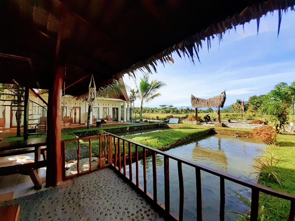 - une vue depuis le balcon d'une maison avec une rivière dans l'établissement Sumatra Expedition Lodge, à Bukit Lawang
