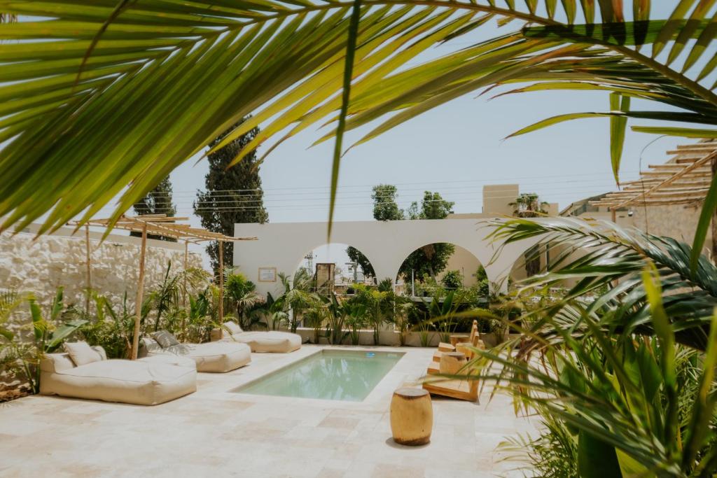a swimming pool in a courtyard with plants at Hotel Anilevich Mansion in Beer Sheva