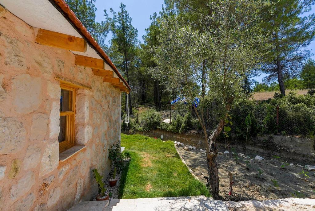 a stone house with a small tree in the yard at Casa De Sherys in Kas