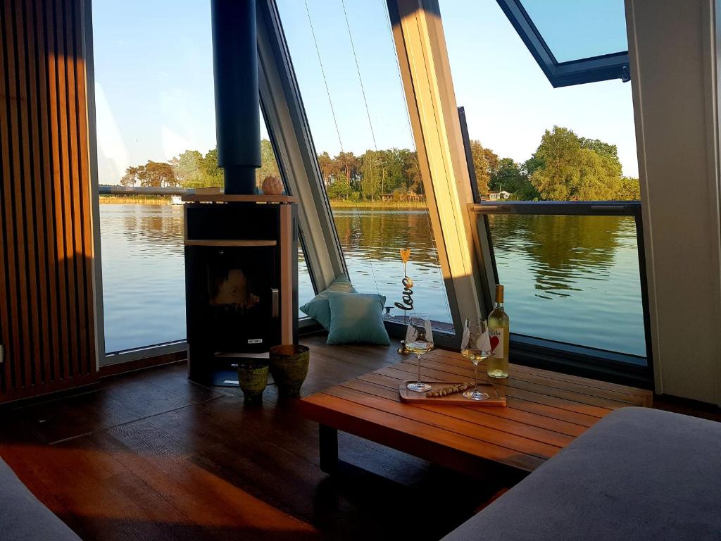 a room with a fireplace and a view of a lake at Hausboot Amantes in Brandenburg an der Havel