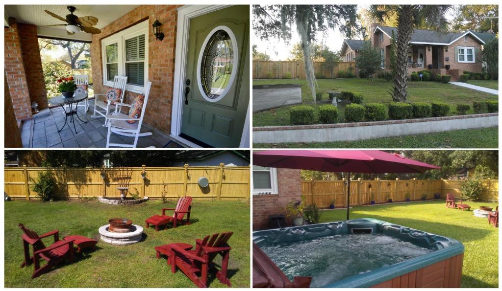 a collage of four pictures of a backyard with a hot tub at Home On The Hill - Near EVERYTHING Charleston in Charleston