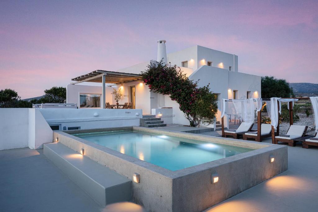 a villa with a swimming pool in front of a house at Paros House Villa in Pounda