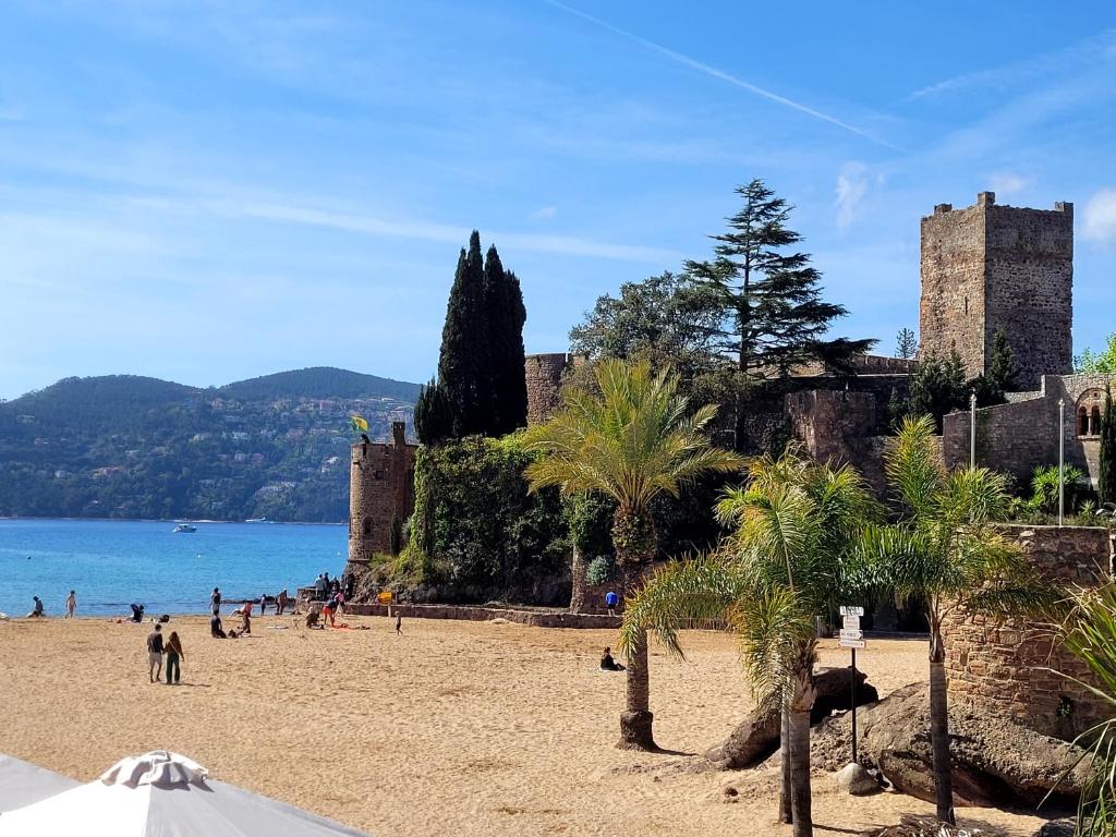 - une plage avec des palmiers en face d'un château dans l'établissement SEA/BEACH-STUDIO MANDELIEU, à Mandelieu-la-Napoule