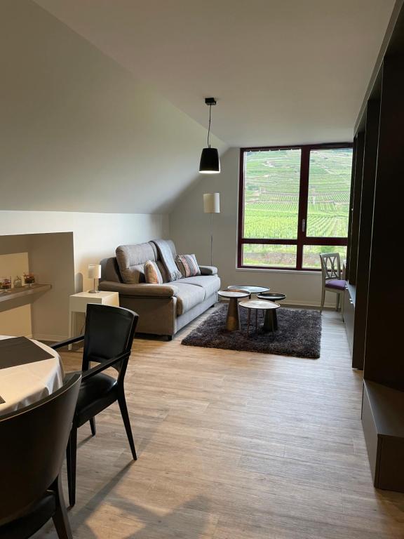 een woonkamer met een bank en een tafel bij Appartements de Manon au cœur des vignes in Kientzheim