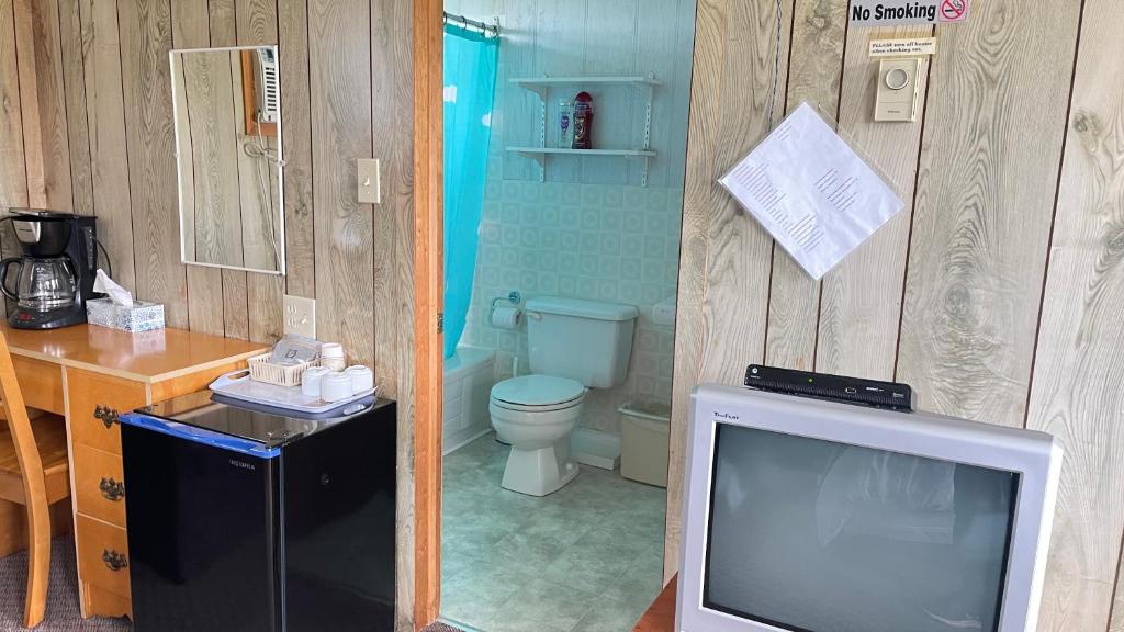 a bathroom with a toilet and a tv in it at Rachel's Motel and Cottages in Surrey