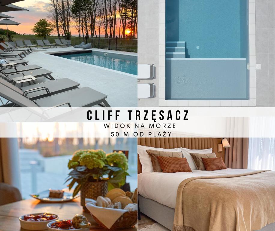 a hotel room with a bed and a swimming pool at CLIFF Trzęsacz - sea view apartments in Trzęsacz