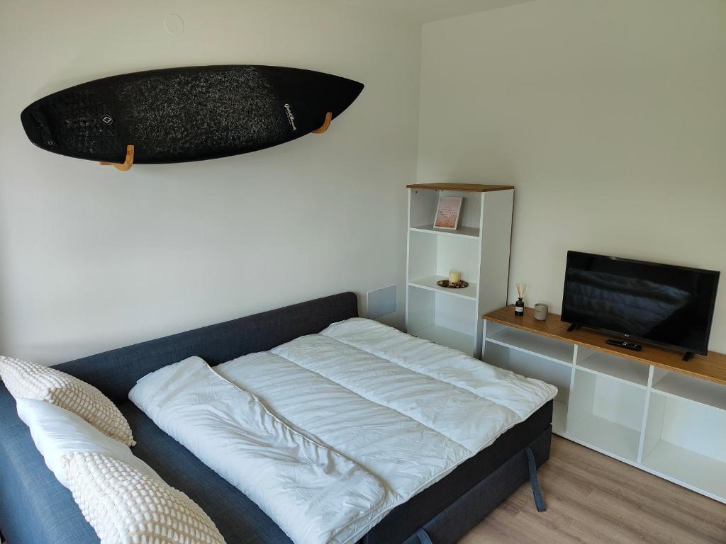 um quarto com uma cama e uma televisão de ecrã plano em Digital Nomad Paradise - Garaje/PC monitor em Salinas