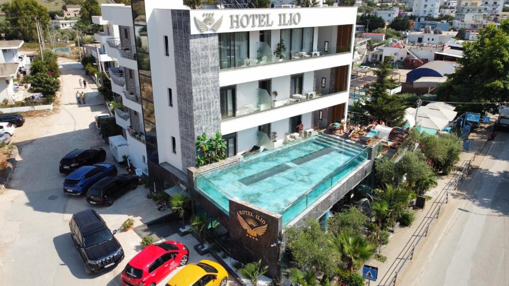 an overhead view of a building with a swimming pool at Ilio Boutique Hotel in Ksamil