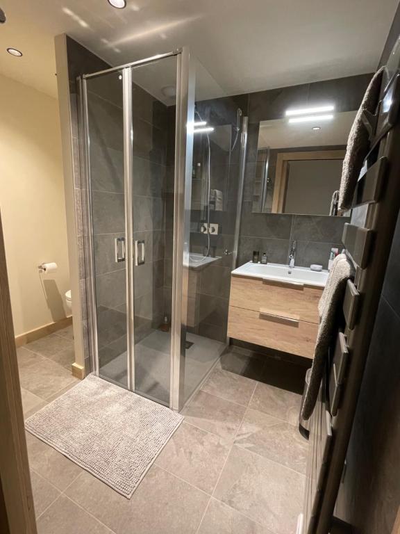 a bathroom with a shower and a sink at GESPERE LE STELLA in Les Gets