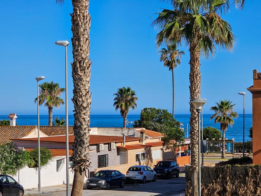 ulica z palmami i oceanem w tle w obiekcie Terrace Mares de Benajarafe w mieście Benajarafe