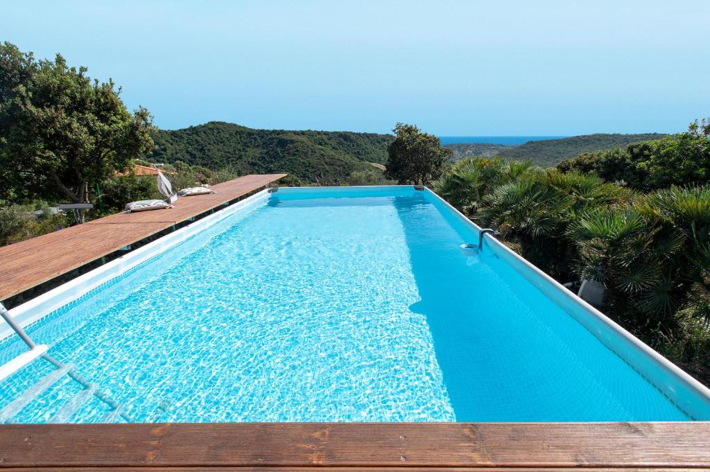 a large blue swimming pool with a wooden roof at SARDINIA RE - Casa Luisa With Pool in Alghero