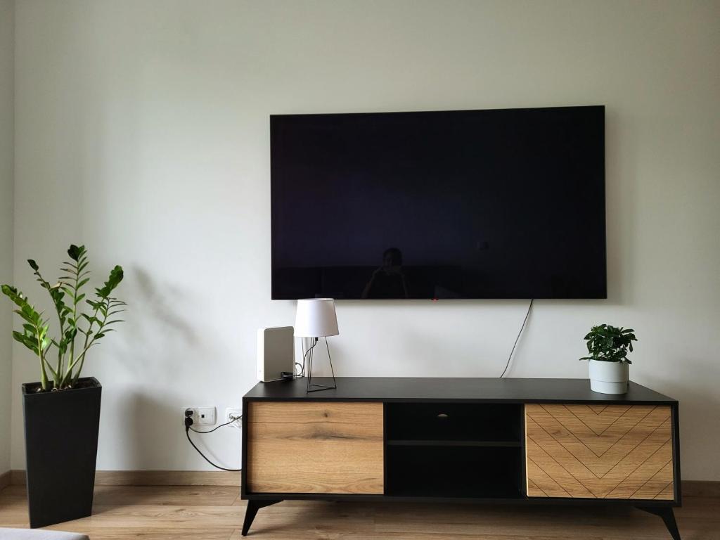 a flat screen tv on a wall in a living room at Apartament w Parku nad Kanałem in Bydgoszcz